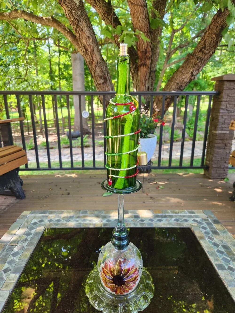 Upcycled Red Painted Flower Green Tiki Torch Beaded Accents